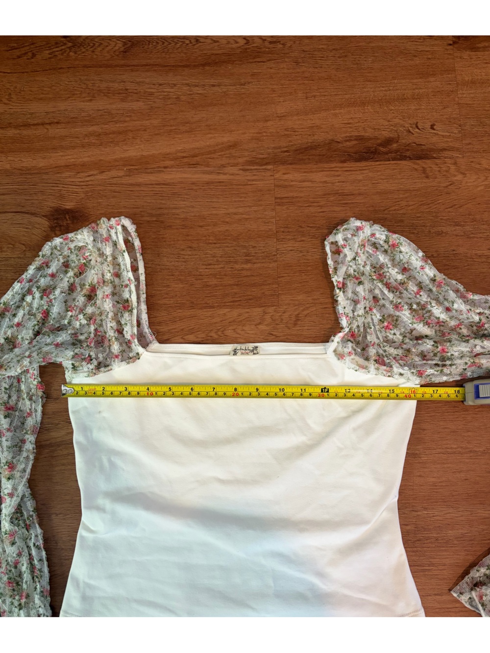 Free People White Square Neck Top with Floral Sheer Puff Sleeves - Picture 3 of 5